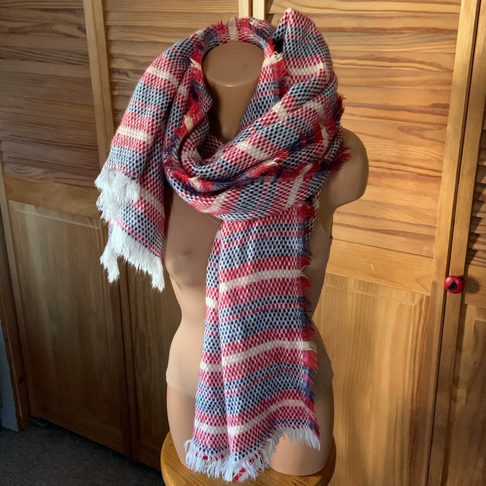 GIANT Soft Scarf RUYI red white blue wrap with fringe woven acrylic